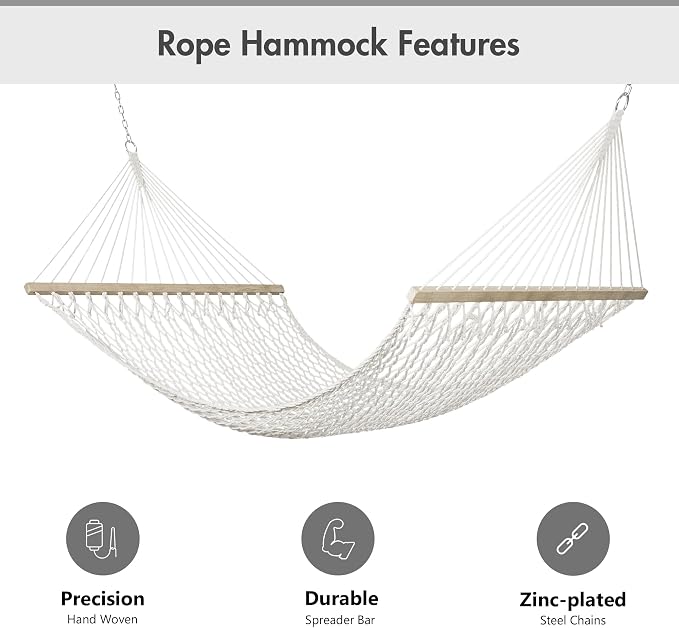 ANOW Heavy Duty Curved Wood Arc Stand with 2 Person Rope Hammock, 13.5FT Larch Wood Stand with 2 Chains, 4 Balance Ropes and 4 Carabiners, Includes Cream Hammock with Spreader Bars