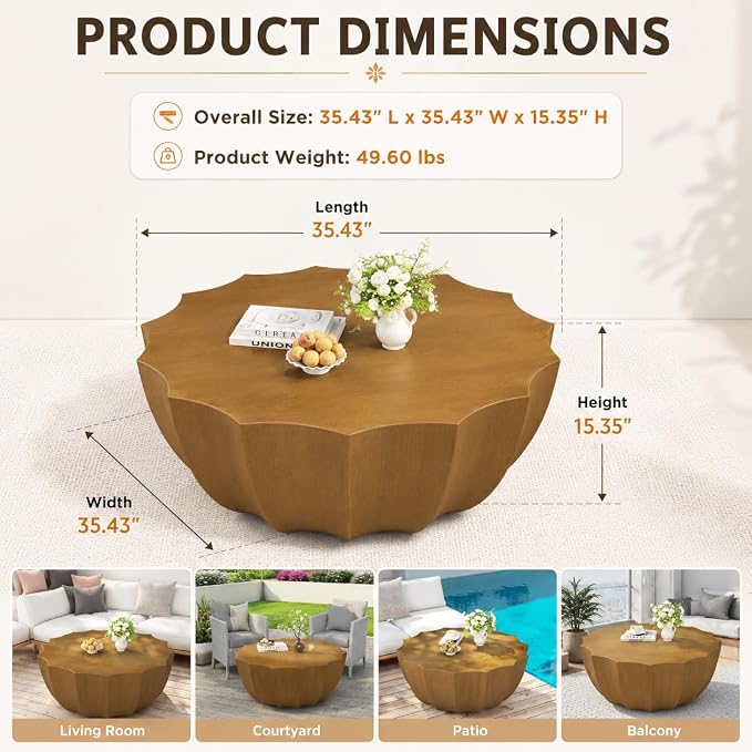35.43" Concrete Outdoor Table,Modern Round Stone Coffee Table,Waterproof Outdoor Coffee Table for Patio for Terraces, Gardens, Backyards and Living Rooms (Natural, 35.43")