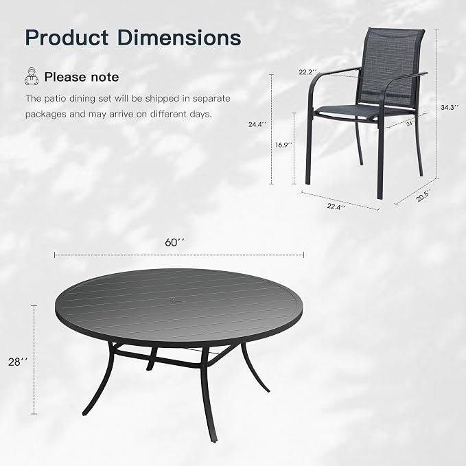 VICLLAX 11 Pieces Patio Outdoor Dining Set, 60" Round Metal Table with Umbrella Hole and 10 Stackable Textilene Chairs for Patio, Lawn, Garden, Porch, Black/Grey