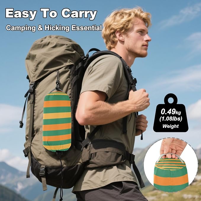 Camping Hammock Outdoor Hammocks for Outside Green Orange Stripe Beach Trees Portable Lightweight with Pockets Tree Straps Indoor