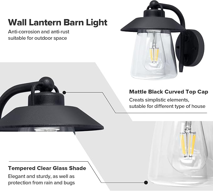 LUTEC 2 Pack Outdoor Indoor Exterior Light Fixture, Farmhouse Barn Wall Sconce, Matte Black Finish Anti-Rust Wall Mount Light, Waterproof Wall lamp with Clear Glass for Porch, Exterior, Patio