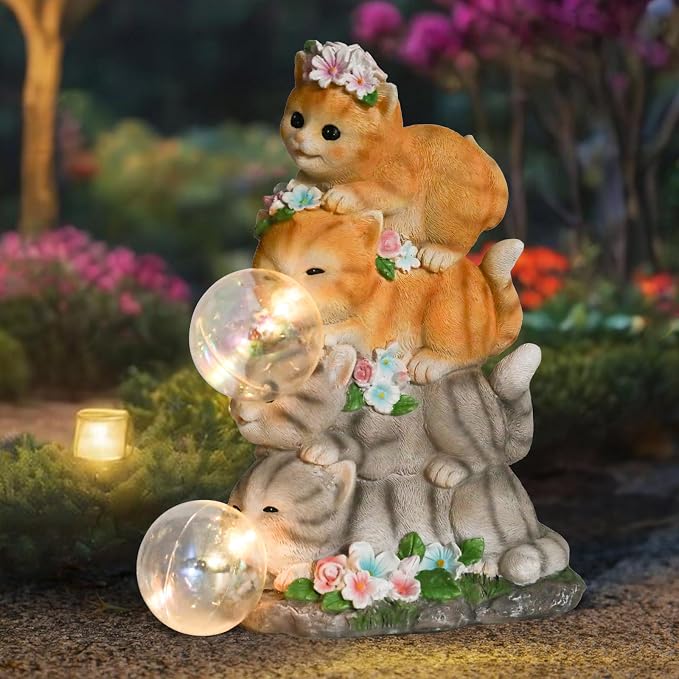 Cat Garden Statue, Orange Cats with Bubble Solar Lights, Cat Lovers Gifts | Stacked Cats Solar Lantern Lights, Lawn Ornaments for Outside Clearance, Yard, Patio, Porch Decor and Gardening Gift
