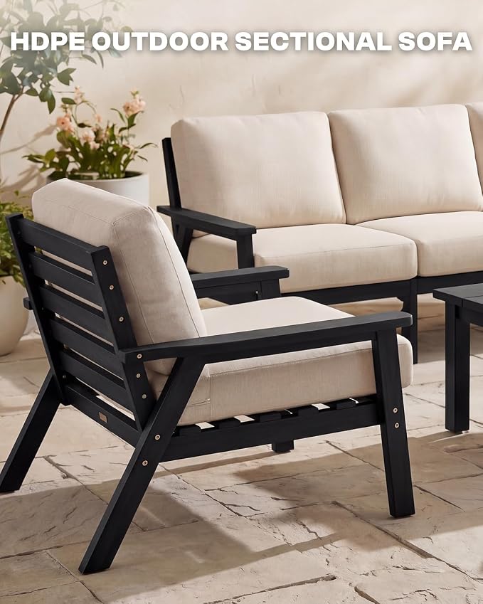 AreShark 3-Piece HDPE Patio Conversation Set, All Weather Outdoor Couch Set with Thick Cushions, Outdoor Sectional Outdoor Sofa Set for Lawn, Deck, Backyard, Black & Beige
