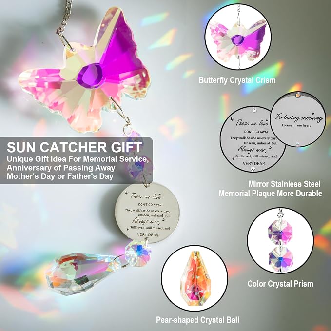 Unique Memorial Sympathy Gifts for Loss Loved One,Bereavement Gift Idea Crystal Rainbow Maker Butterfly Suncatcher in Remembrance Gifts for Grief Sorry for You Loss Mum Dad
