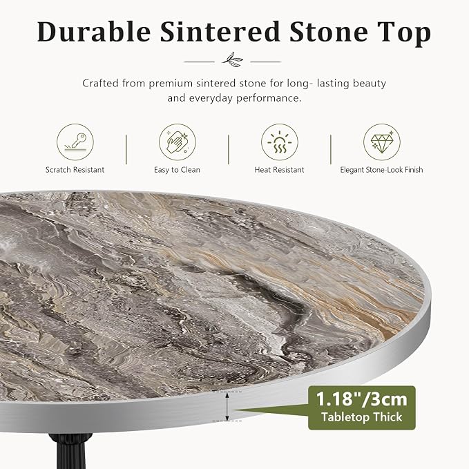 31.5" Outdoor Dining Table, Square Bistro Table w/Sintered Stone Tabletop | and Cast Iron Base, Weather Resistant Small Bistro Table for 2-4 for Outdoor Garden Café Use (Smoke Brown Marble)