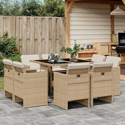 9-Piece Outdoor Patio Furniture Set with Tempered Glass Table & Foldable Chairs, Beige Poly Rattan Dining Set for Garden Backyard Balcony, Weather-Resistant PE Wicker with Cream Cushions