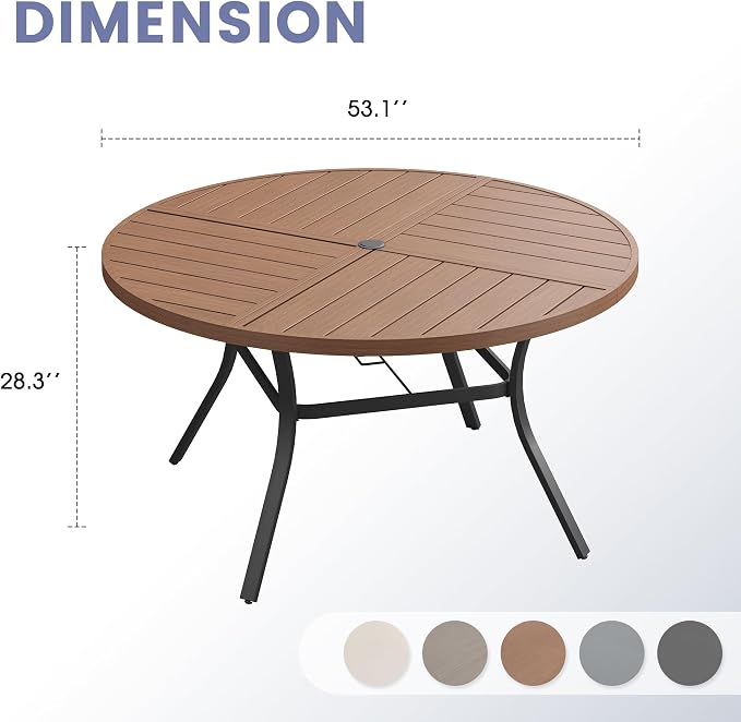 VICLLAX 53" Round Outdoor Table, Patio Dining Table for 8 with Umbrella Hole for Garden Lawn Deck Backyard, Walnut