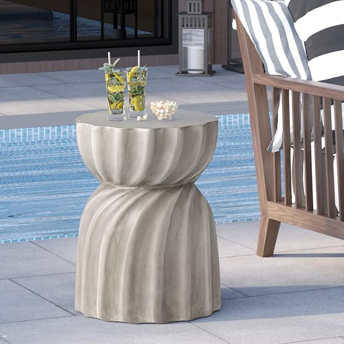 HOMPUS Outdoor Concrete Side Table Set of 2,2 Piece Unique Round Patio MgO End Table, Lightweight Small Accent Table Garden Stool for Indoor Outdoor Use, Backyard, Natural Grey