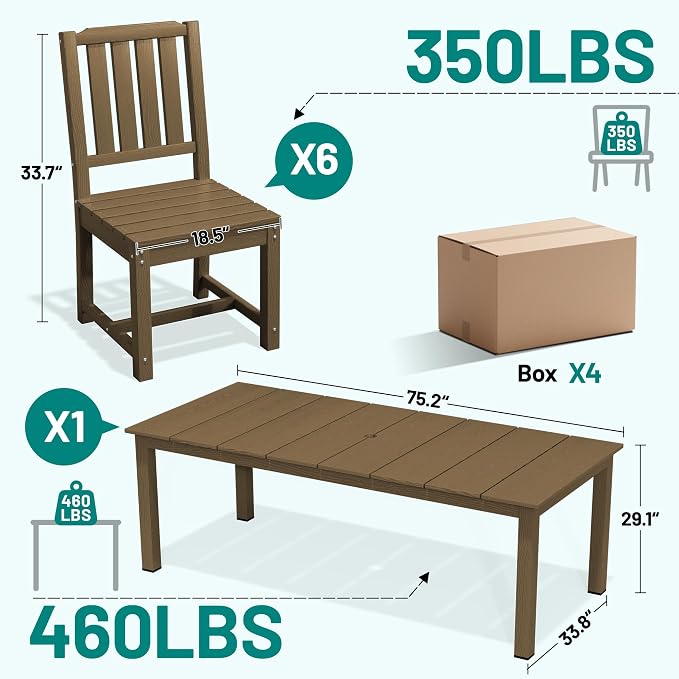 PLUUV Outdoor Dining Set for 8 Person, HDPE Large Table with Aluminum Legs and 8 Armless Chairs, All-Weather Patio Dining Furniture Set with Umbrella Hole for Backyard, Garden, Brown