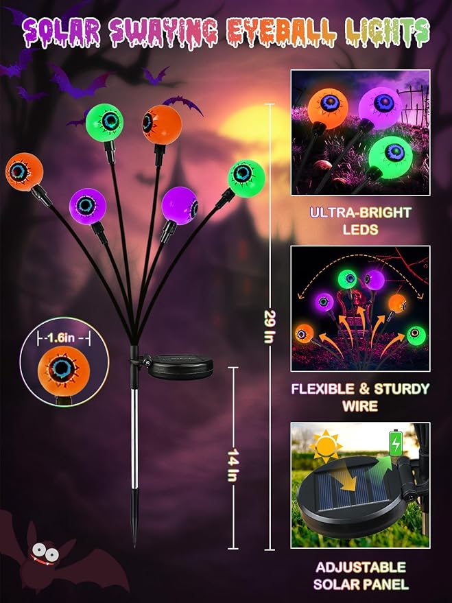 6 Pack Solar Halloween Decorations Outdoor 36 LED Solar Eyeball Lights | Orange Purple Green Halloween Lights, Sway by Wind, IP65 Waterproof, 2 Modes, for Pathway Garden Yard Lawn Horror Party Decor