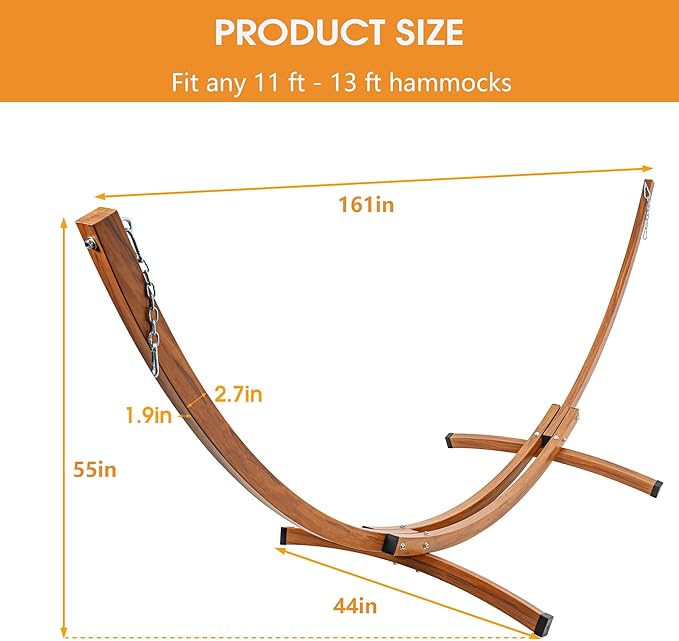 Lazy Daze Hammocks 13.5 Ft Arc Heavy Duty Steel Hammock Stand with Chains, 2 Person Weather-Resistant Curved Stand for Outside, Backyard, Patio, 500 Lbs Capacity, Wood Grain