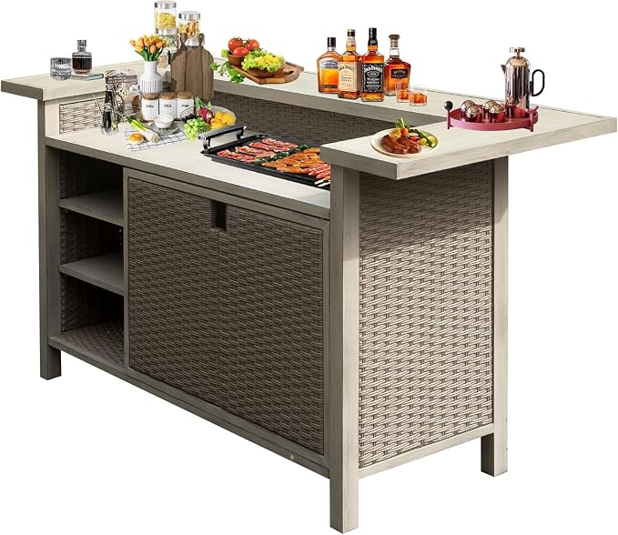 GOWE Patio Bar Table, Outdoor Aluminum PE Wicker Bar Cart with Cabinet, All Weather Use Storage Patio Cabinet for Patio Kitchen or Bar Cart, Wood Grain