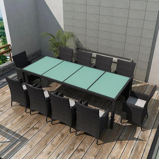 11 Piece Outdoor Patio Dining Set with Cushions Poly Rattan Black, All-Weather Wicker Garden Furniture with Tempered Glass Tabletop and 10 Chairs for Backyard Deck Poolside Entertaining