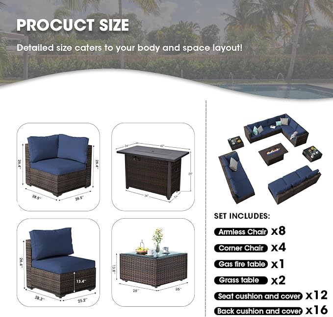 Grezone 15 Piece Patio Furniture Set with 44" Fire Pit Table, Outdoor Sectional Couch, PE Rattan Patio Conversation Sets with 4inch Cushions for Backyard Deep Blue