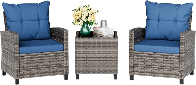 Vongrasig 3 Piece Patio Furniture Set Small Outdoor Wicker Rattan Front Porch Bistro Set Cushioned Patio Chairs Conversation Set with Glass Table for Lawn, Garden, Backyard, Balcony, Poolside (Blue)