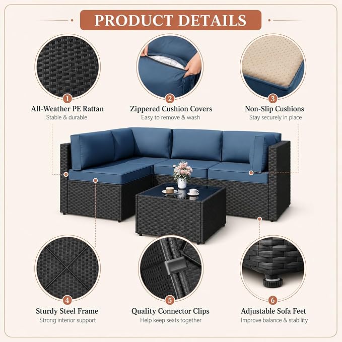 JAMFLY 5-Piece Patio Furniture Set, Outdoor Wicker Sectional Sofa with 4-Inch Thick Cushions & Coffee Table, All-Weather PE Rattan Conversation Set for Backyard, Garden, Poolside, Aegean Blue