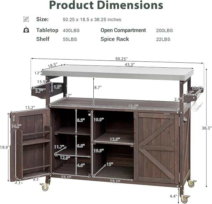 Outdoor Grill Table Bar Cart with Stainless Steel Top, Farmhouse Solid Wood Outdoor Kitchen Island with Spice Rack and Towel Rack, Rolling Island Cart for Kitchen, BBQ, Garden, Patio, Dark Brown