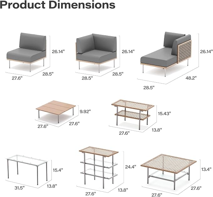 LAUSAINT HOME Outdoor Patio Furniture Set, 10-Piece Wicker Outdoor Conversation Set PE Rattan Sectional Sofa with Washable Cushions and Tempered Glass Table for Garden (Grey)