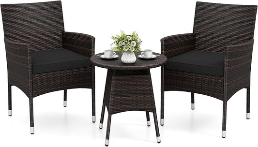 Tangkula 3 Piece Patio Furniture Set, Hand-Woven PE Wicker Conversation Set with Contoured Armchairs, Cushions & Round Coffee Table, Outside Bistro Set for Porch, Backyard, Balcony & Poolside (Black)