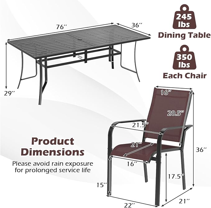 Tangkula 9 Pieces Patio Dining Set for 8, Outdoor Rectangular Table and Stackable Chairs with Umbrella Hole, Outside Furniture Set for Backyard, Garden and Deck (Brown)