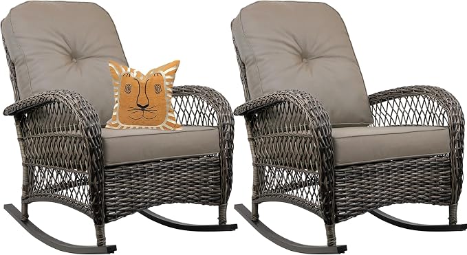Outdoor Wicker Rocking Chair, All Weather Resin Rattan Wicker Rocking Chairs, for Garden Backyard Lown Porch,2pc,Brown