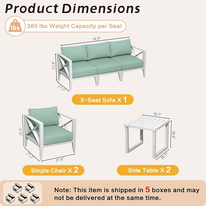 Outdoor Aluminum Patio Furniture Set, 5-Seats Patio Conversation Sofa Set with 2 Coffee Tables, All Weather for Pool, Balcony, Garden-White