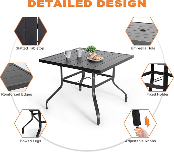 NUU GARDEN 5 Piece Outdoor Dining Set, All Weather Outdoor Padded Textilene Patio Chairs and Square Dining Table with Umbrella Hole for Backyard, Patio, Garden, Deck, Light Grey and Black