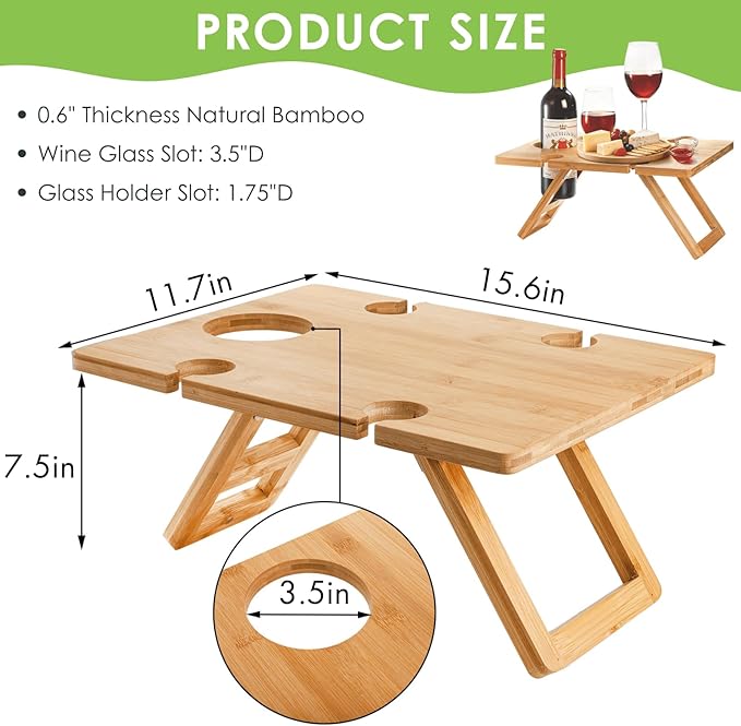 Youeon Portable Wine Picnic Table with 5 Wine Glasses Holder, Foldable Champagne Picnic Snack Table, Wine and Cheese Table for Picnic, Camping, Park, Beach, Wine Lover Gift