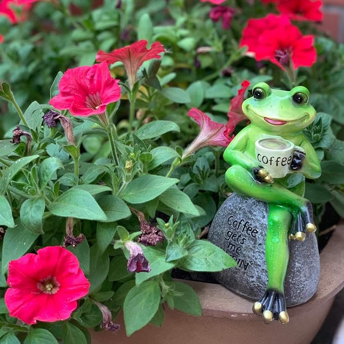 OwMell Frog Statue for Garden Decor, Drinking Coffee Green Frog Figurine | This creative frog ornament brings a lot of vigour to your yard or garden. Garden Decoration Resin Sculpture 6 Inches Gift