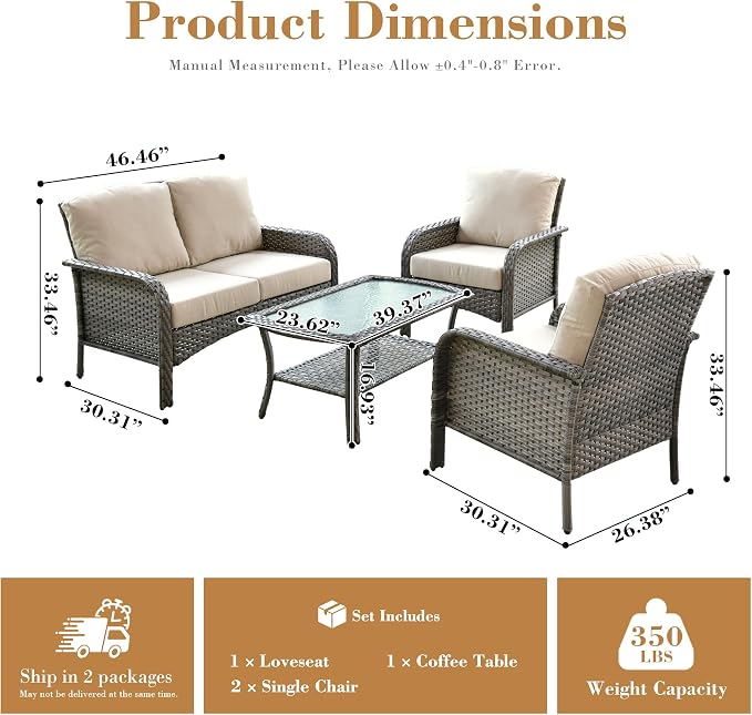 4 Pieces Patio Furniture Set, Small Outdoor Patio Set with Coffee Table, All-Weather Rattan Wicker High Back Conversation Set Loveseat with Chairs for Porch, Backyard, Balcony, Beige