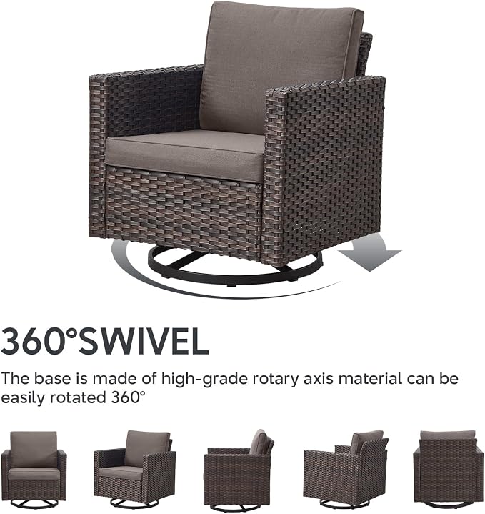 5 Piece Wicker Patio Furniture Set - Outdoor Swivel Rocker Chairs Set with 3 Seat Sofa and Ottomans, Small Patio Conversation Sets Proch Furniture for Balcony Deck - Brown/Grey