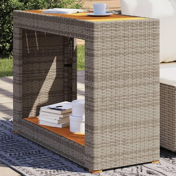 Outdoor Garden Side Table, Rectangular Acacia Wood and PE Rattan Table for Patio, Backyard, and Terrace, Grey and Brown, 39.4 x 15.7 x 29.5 Inches