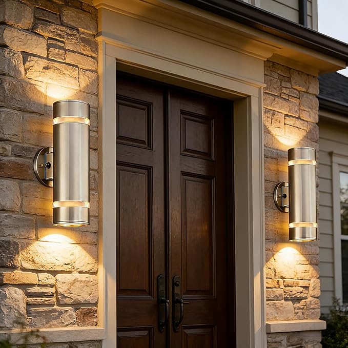 13" Stainless Steel Cylinder Dusk to Dawn Outdoor Wall Sconce | E26 Base,UL listed,Brushed Nickel Up and Down Lights Outdoor Exterior Lighting Fixture for House Garage Patio Porch Garden