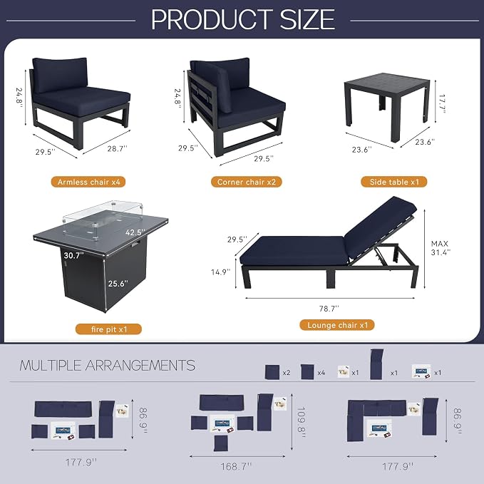 BULEXYARD 9 Pcs Oversized Contemporary Aluminum Patio Furniture Set, All Weather Modular Sectional Sofa with Tanning Chair & Fireplace, 500 lbs Heavy Duty Comfy Outdoor Couch for Beach Deck, Navy Blue