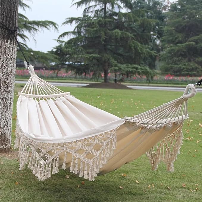 Double Hammock with Tassels, Cotton Canvas Portable Hanging Swing for Indoor Outdoor Use, 150kg Load Capacity, Ideal for Camping and Garden Relaxation