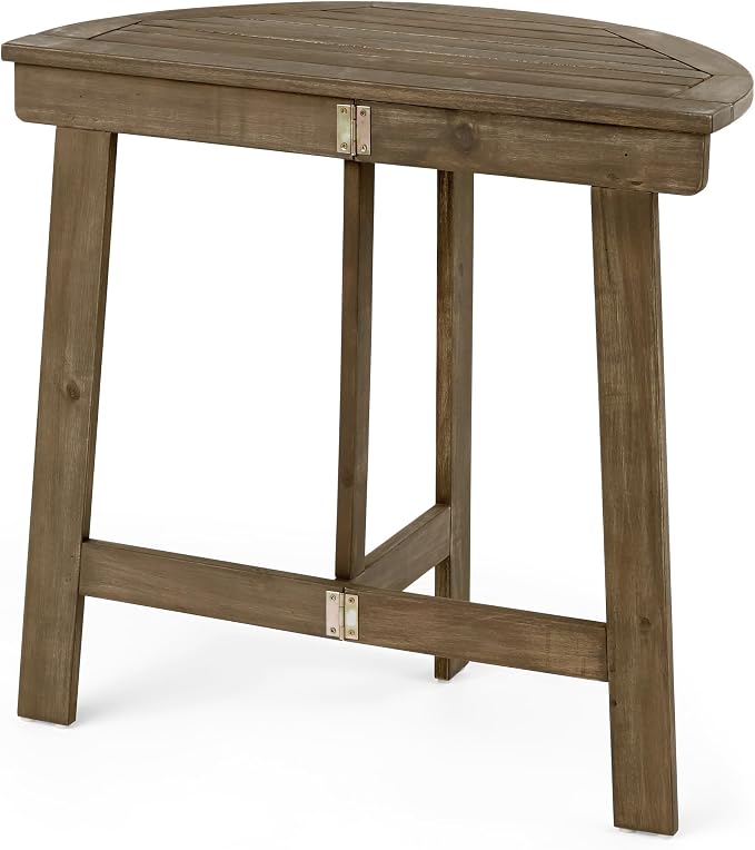 roomfitters Outdoor Half-Round Folding Acacia Wood Bistro Table, Small Space Patio Dining Accent Table, Grey Finish