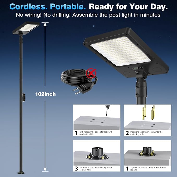 100" Solar Lamp Post Lights with Pole & Remote, Outdoor IP65 Waterproof 420 LEDs Solar Street Lights, Black Metal Flood Solar Motion Pathway Lights for Yard, Garden, Patio, Lawn, Garage