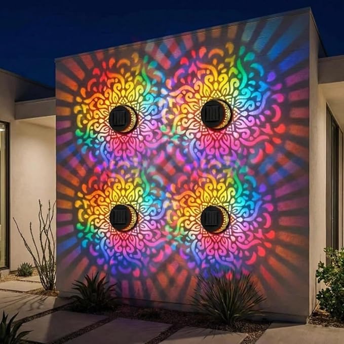 Lscsdf Seven-Color Changing Solar Mandala Projection Wall Light Decorative Solar Mandala Lights Outdoor Waterproof Metal Fence Lights for Yard Garden Post Patio Backyard Decor (4pcs)