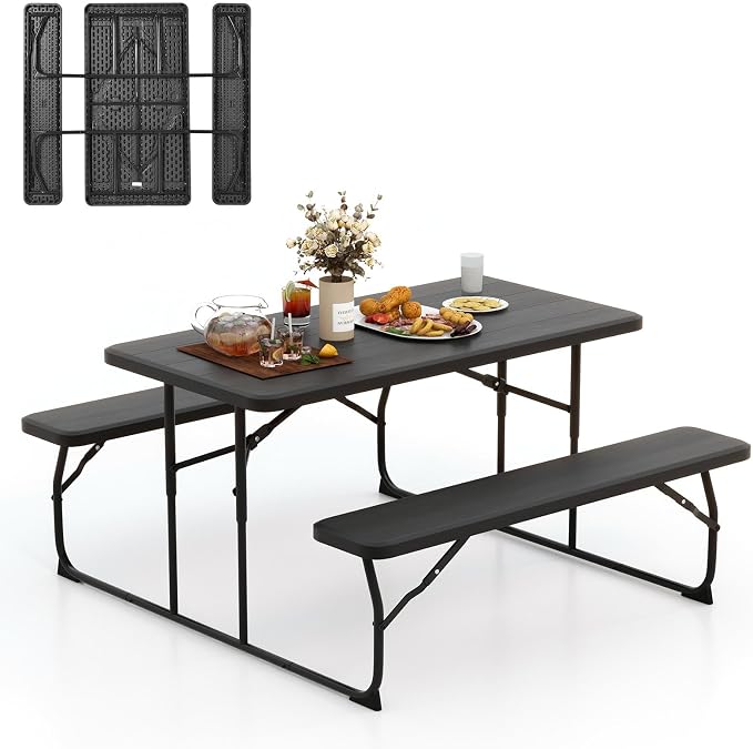 Moccha Folding Picnic Table - Portable Picnic Table with Benches, HDPE Tabletop, Metal Frame, Foldable Camping Table, Outdoor Dining Table Set for Garden Party BBQ Patio Table Bench Set (Black)