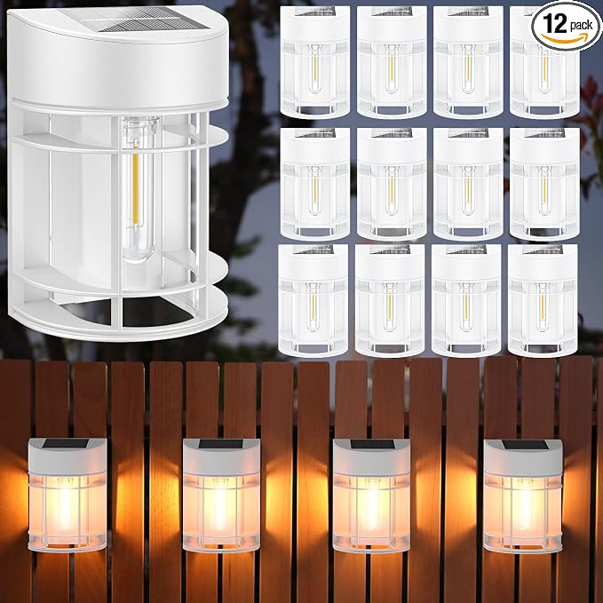 Solar Fence Lights, 12 Pack Waterproof Solar Lights Outdoor, 3000K Warm White LED Outdoor Solar Lights for Fence Garden Yard Step Stairs Patio Décor