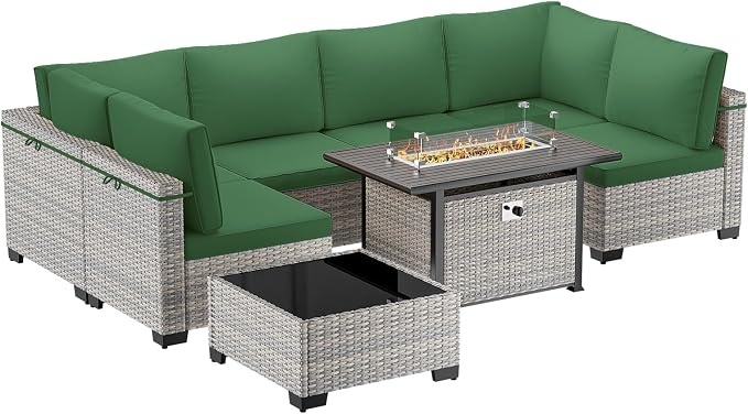 8-Piece Patio Furniture Set, Outdoor Patio Furniture with 55,000 BTU Fire Pit Table, Thick Cushions, Modular Patio Sofa, Dual-Strand Wicker Rattan, Rust-Resistant Frame, Dark Green