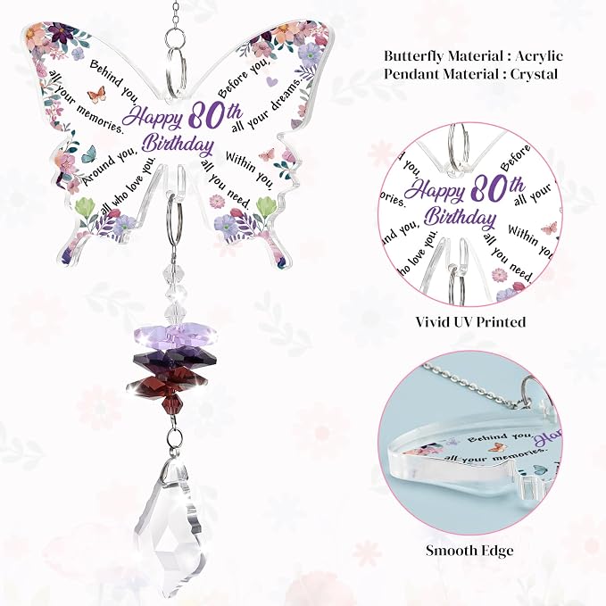 Funnli 80th Birthday Gifts for Women Suncatcher, 80th Birthday Decoration | 80 Year Old Bday Gifts for Mom Grandma Friends Sister Window Hangings Home Decoration