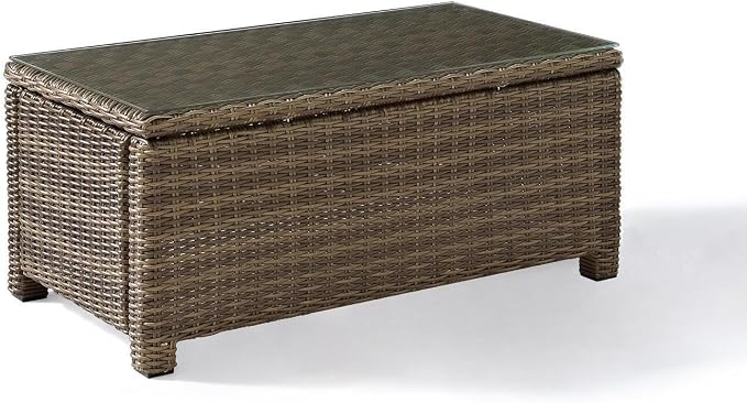 HomeStock Tuscan Treats Outdoor Wicker Rectangular Tempered Glass Top Coffee Table, Brown, 17.75" D x 40" W x 21" H, Durable Steel Construction, Modern Outdoor Patio/Lawn Coffee Table