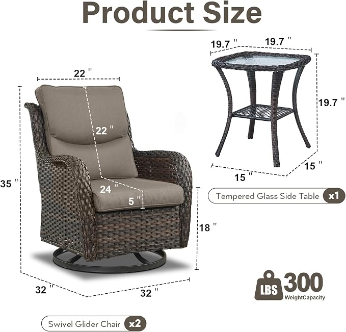 Outdoor Swivel Rocker Patio Chairs with 5" Thick Cushion - 3 Piece Wicker Bistro Set with Side Table, High Back Comfty Outdoor Glider Chairs for Balcony, Porch, Deck, Poolside - Brown-Gray