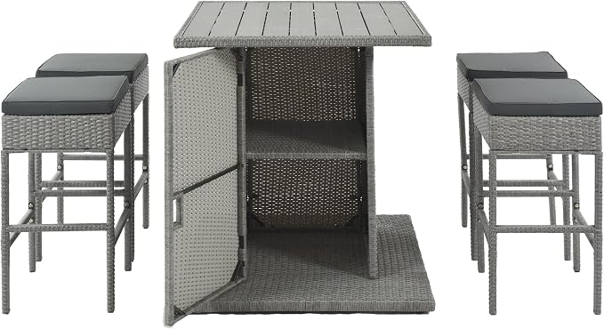 5-Piece Outdoor Patio Rattan Dining Set, PE Wicker Square Kitchen Counter Height Table Set with Storage Shelf and 4 Padded Stools