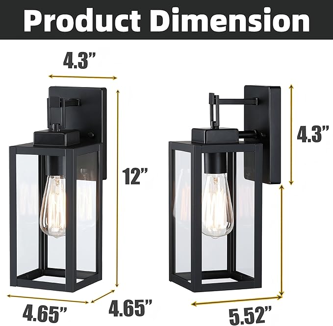 2 Pack Outdoor Sconce Lights-12 Inch Outdoor Wall Light,Exterior Sconce Steel and Glass Porch Light, Black Wall Lantern for Front Porch Garage Balcony