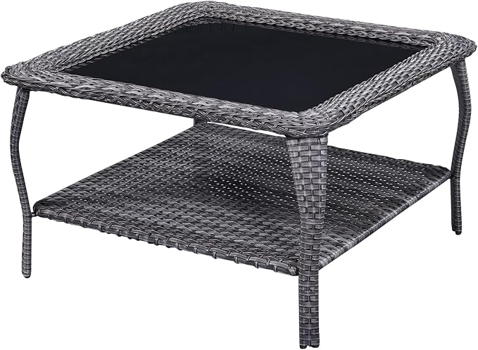 Patio Table Outdoor Coffee Tables - Rattan Wicker Coffee Table with Glass Top and 2-Tier Storage Shelf Square for Outdoor Patio Porch Deck Balcony Garden(Mixed Grey/Glass Top)