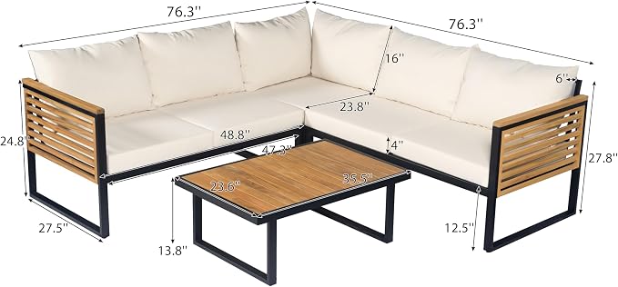 Christopher Knight Home Gevin 5-Seater Acacia Wood Metal Patio Furniture Set, Outdoor Sectional Conversation Club Chair Sofa Corner Chat Set with Coffee Table for Backyard or Balcony, Teak+Beige+Black