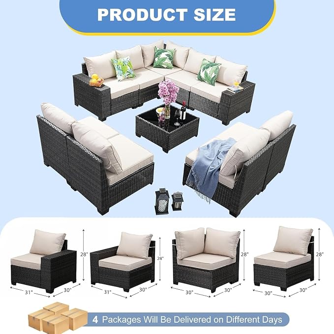 10 Pieces Outdoor Patio Furniture Set Wicker Rattan Conversation Sets with Tea Table Thick Cushioned Patio Sofa for Garden Backyard Porch Poolside Seating Peacock(Beige)