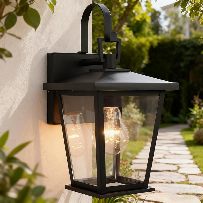 Outdoor Wall Lantern 2 Pack, Waterproof Exterior Wall Mount Light with Clear Glass in Black Finish, Porch Outside Lighting for Entryway, Backyard, Patio, E26 Base, Clear Glass 12.5 in